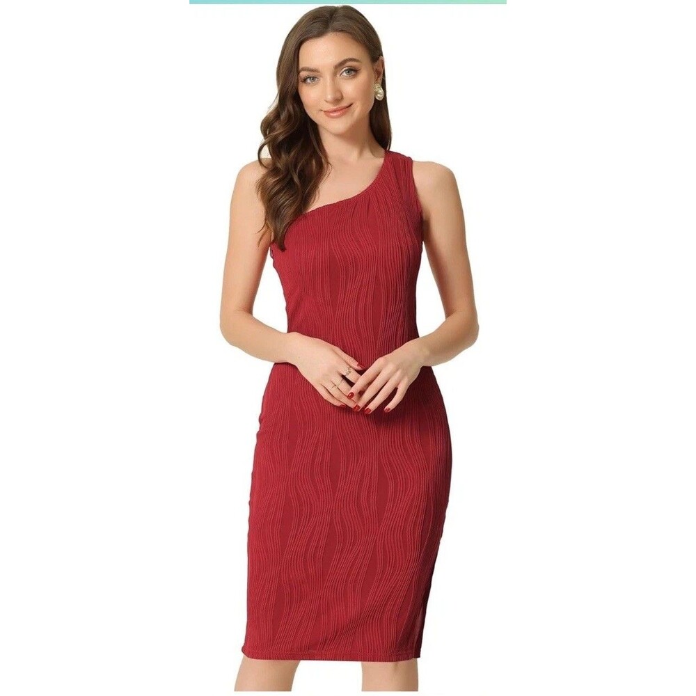 Allegra K Sexy Fit One-Shoulder Bodycon Short Dress Ribbed Knit Red Size X-Large